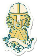 crying orc fighter character face with natural one d20 roll sticker