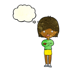 cartoon happy woman with thought bubble