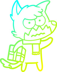 cold gradient line drawing cartoon annoyed fox carrying gift