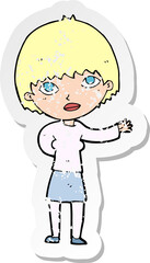 retro distressed sticker of a cartoon woman explaining