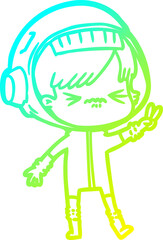 cold gradient line drawing angry cartoon space girl holding up two fingers