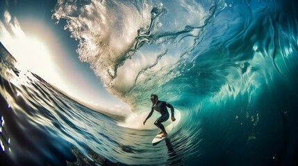 Surfer Catching a beautiful blue Wave