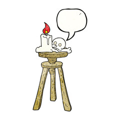 speech bubble textured cartoon spooky skull and candle