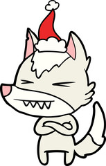 angry wolf line drawing of a wearing santa hat