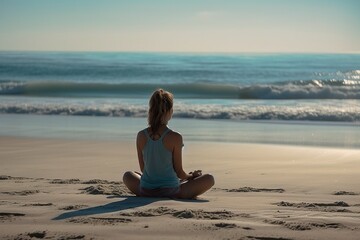 Fototapeta na wymiar Meditation on Beach at Morning Light Facing Ocean.