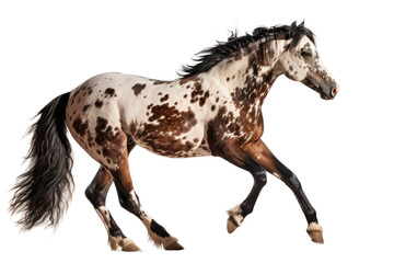 Obraz premium an equestrian-themed photographic illustration of a painted pinto horse mustang stallion rearing, jumping, and running on a transparent background in PNG. T-shirt design. Generative AI