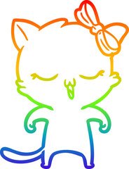 rainbow gradient line drawing cartoon cat with bow on head