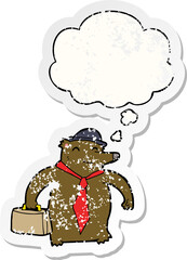 cartoon business bear and thought bubble as a distressed worn sticker