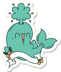 sticker of tattoo style happy squirting whale character