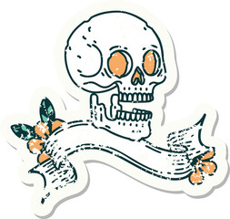 grunge sticker with banner of a skull