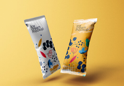 Colorful Floating Ice Cream Package Mockup &ndash; Vibrant Dual Pack Layout for Creative Frozen Dessert Branding and Packaging Advertisement Visuals
