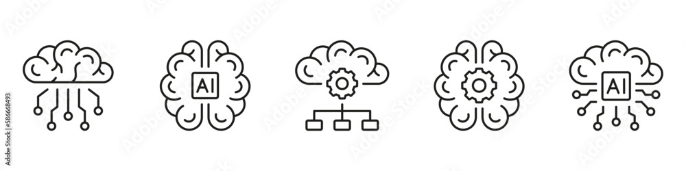 Poster artificial intelligence black line icon set. digital brain and tech science linear pictogram. machin