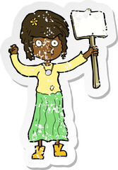 retro distressed sticker of a cartoon hippie girl with protest sign