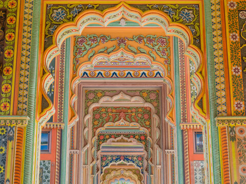 Architectural landmark Patrika Gate at Jawahar Circle in Jaipur, Rajasthan, India.