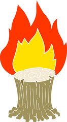 flat color illustration of a cartoon big tree stump on fire