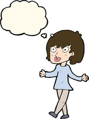 cartoon woman with open arms with thought bubble