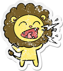 distressed sticker of a cartoon roaring lion