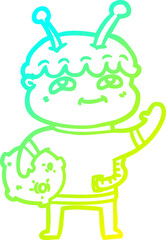 cold gradient line drawing friendly cartoon spaceman waving