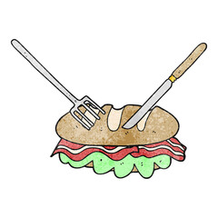 texture cartoon knife and fork cutting huge sandwich