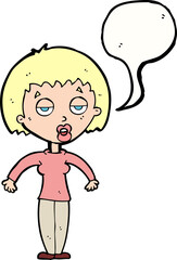 cartoon woman shrugging shoulders with speech bubble