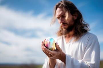 priest, jesus, religious person holding a easter egg, ball