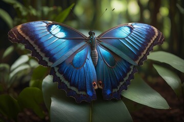 iridescent blue butterfly in rain forest about to fly away created with Generative AI technology