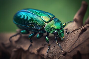 Naklejka premium metallic green jewel beetle on a branch top view created with Generative AI technology