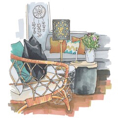 living room interior marker sketch. wicker chair with pillow and sofa with small table