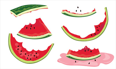 Set of half eaten watermelon slices vector illustration. Watermelon rind. Leftovers of watermelon slices. Organic garbage which is decomposable. Cartoon styled vector isolated on white background. - obrazy, fototapety, plakaty