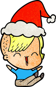 textured cartoon of a happy hipster girl wearing santa hat