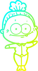 cold gradient line drawing cartoon happy old woman
