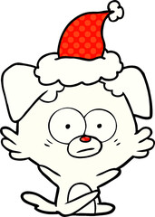 nervous dog comic book style illustration of a wearing santa hat