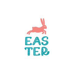 Happy Easter vintage sign with Easter Bunny on white background. Modern minimal style text. Poster, greeting card, header for website, logo