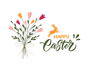 Obraz premium Happy Easter. Modern postcard template with a spring flowers and Easter rabbit in flat style. Illustration holiday Easter in pastel colors. Lettering poster.