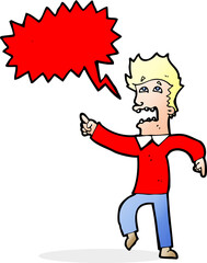 cartoon frightened man pointing with speech bubble
