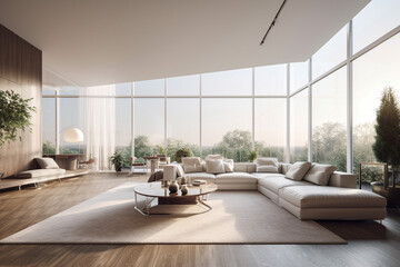 Spacious bright living room with panoramic windows. AI Generated