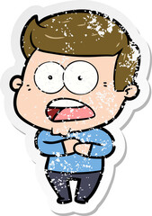 distressed sticker of a cartoon shocked man