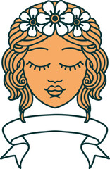tattoo with banner of female face with eyes closed