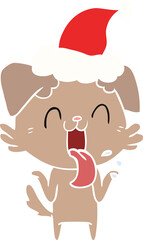 flat color illustration of a panting dog shrugging shoulders wearing santa hat