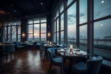 Restaurant with a panoramic view of the night city. AI Generated