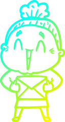 cold gradient line drawing cartoon happy old lady