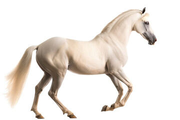 Naklejka na ściany i meble an isolated palomino horse running, jumping, side view portrait, equestrian-themed photorealistic illustration on a transparent background cutout in PNG, Generative AI
