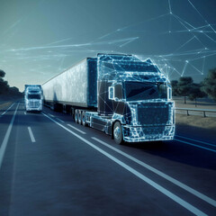 Advanced transportation technology  - cool blue, grey - digital logistics, AI, network, truck, data info-graphics