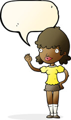 cartoon waving woman with speech bubble