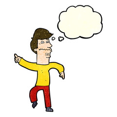 cartoon worried man pointing with thought bubble