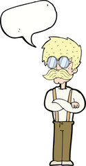 cartoon hipster man with mustache and spectacles with speech bubble