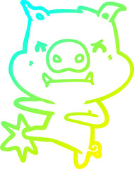 cold gradient line drawing angry cartoon pig karate kicking