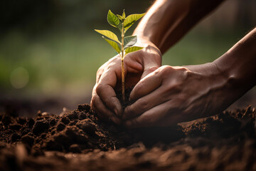 Hands planting seedling in a soil, generative AI