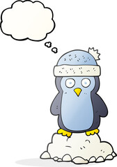 thought bubble cartoon penguin wearing hat