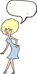 cartoon woman posing in dress with speech bubble